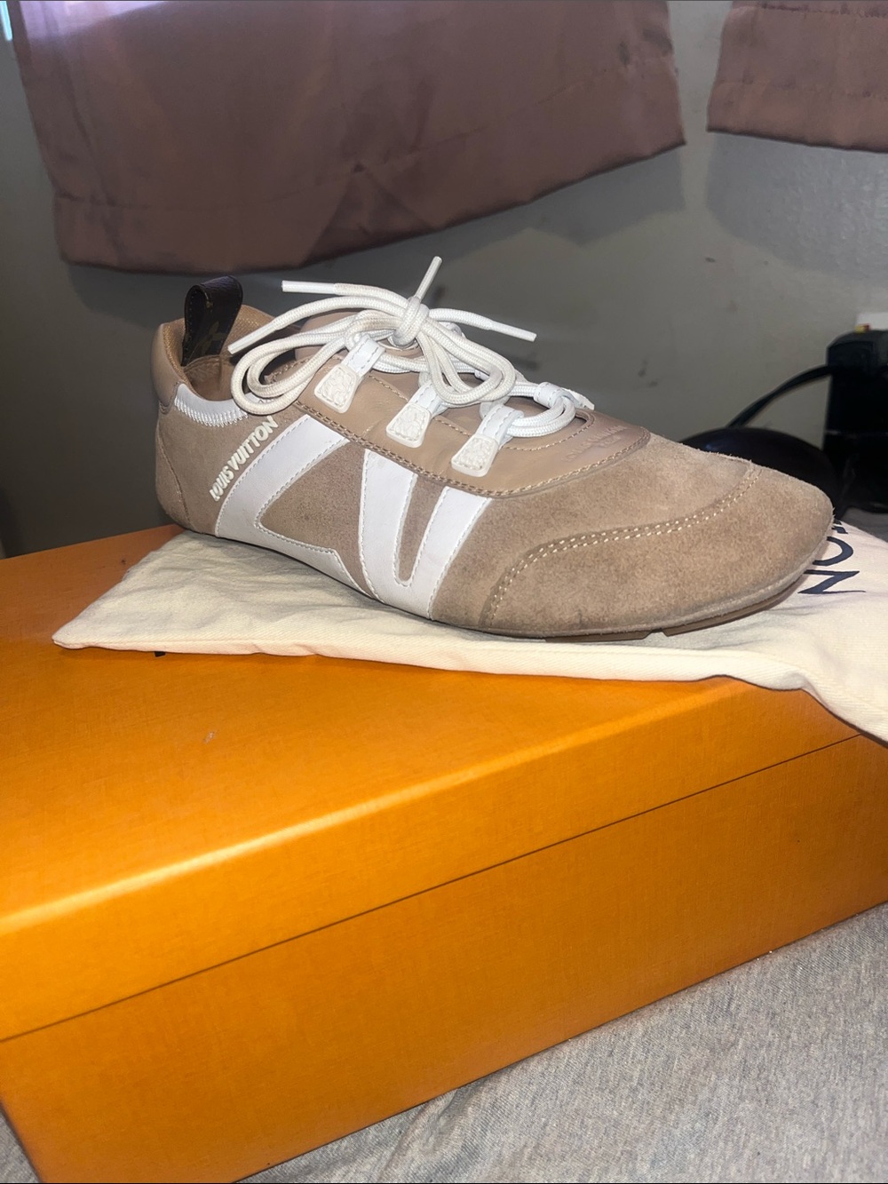 Louis Vuitton Men’s Tan Suede Sneakers with White Stripes